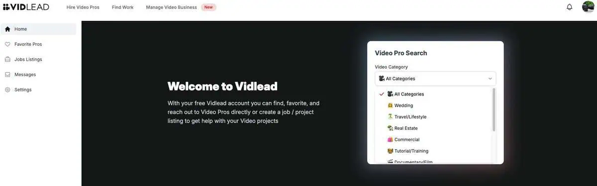 Screenshot of the Welcome to VidLead onboarding screen, showing the Video Pro Search dropdown menu.
