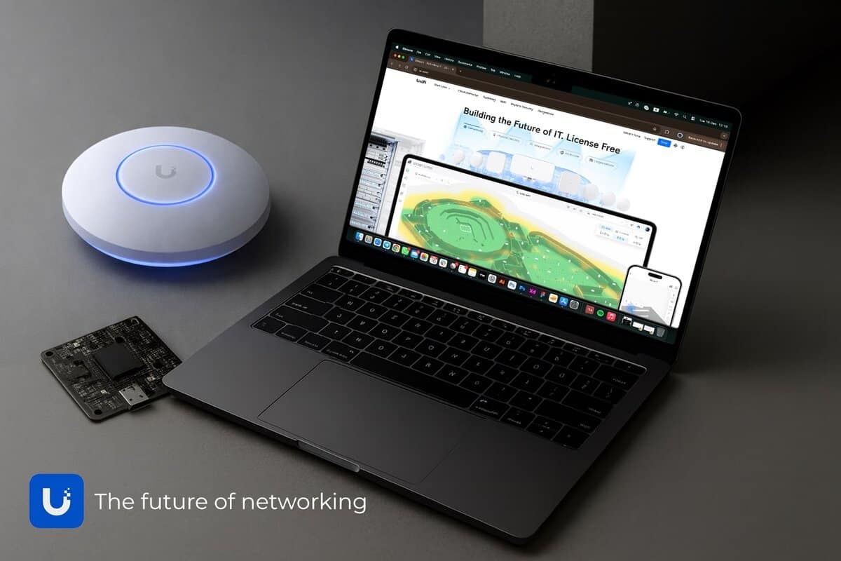 A white, circular Ubiquiti (UI.com) networking device glowing with a blue light ring against a dark, starry background. testimonial