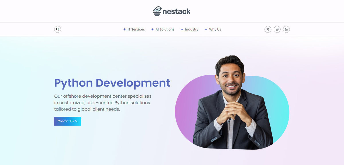 Nestack website screenshot showing Python Development specialized center. testimonial