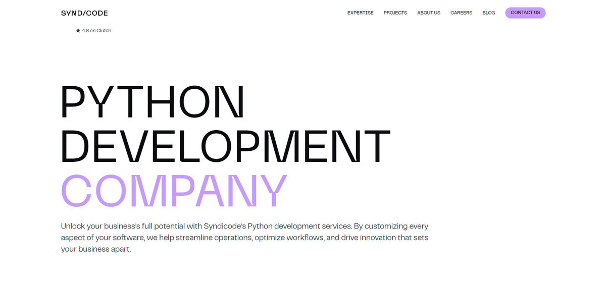 Syndicode website showing Python Development Company tagline. testimonial