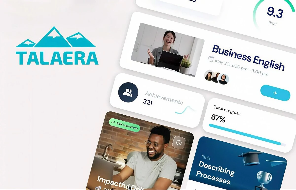 Talaera platform interface showing business English learning tools and progress tracking.