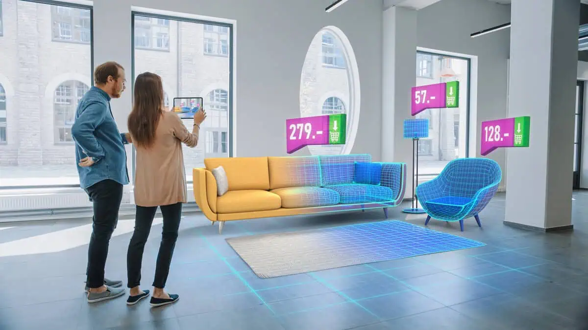Young couple use digital tablet with augmented reality interior design software to choose 3d furniture for their home.