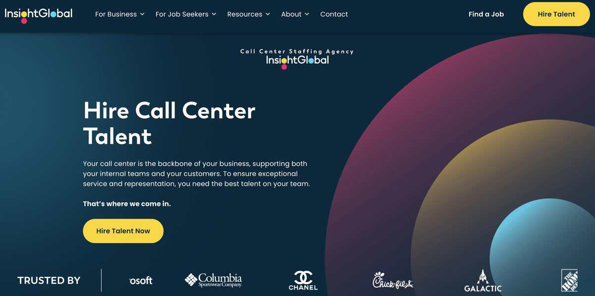 Insight Global website header: Hire Call Center Talent. testimonial