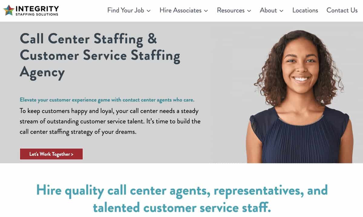 Integrity Staffing website header: Call Center Staffing & Customer Service Staffing Agency. testimonial