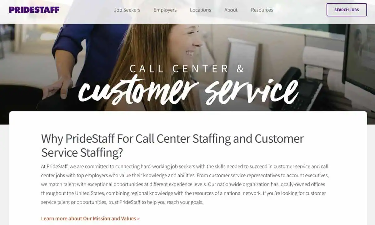 PrideStaff website showing Call Center & Customer Service staffing solutions.