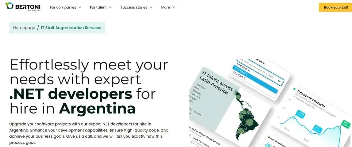 Bertoni Solutions website screenshot: Effortlessly meet your needs with expert .NET developers.