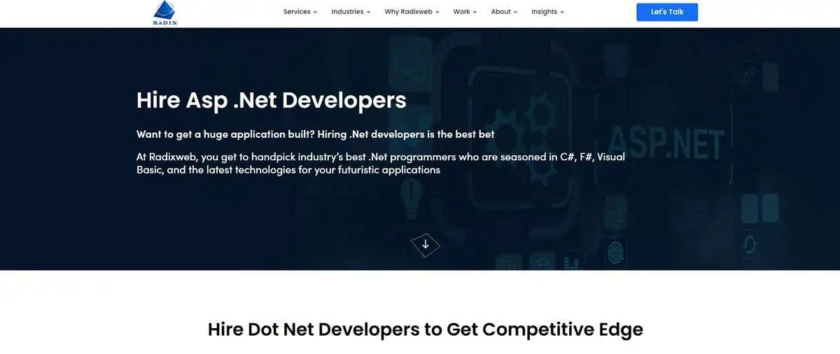 RadixWeb website screenshot: Hire Asp.Net Developers.
