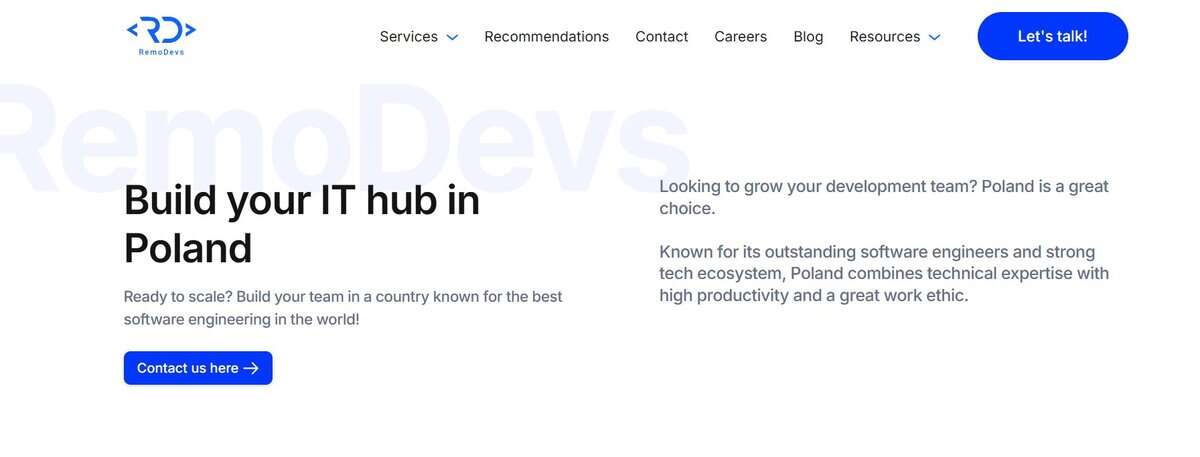 RemoDevs website header: Build your IT hub in Poland. testimonial