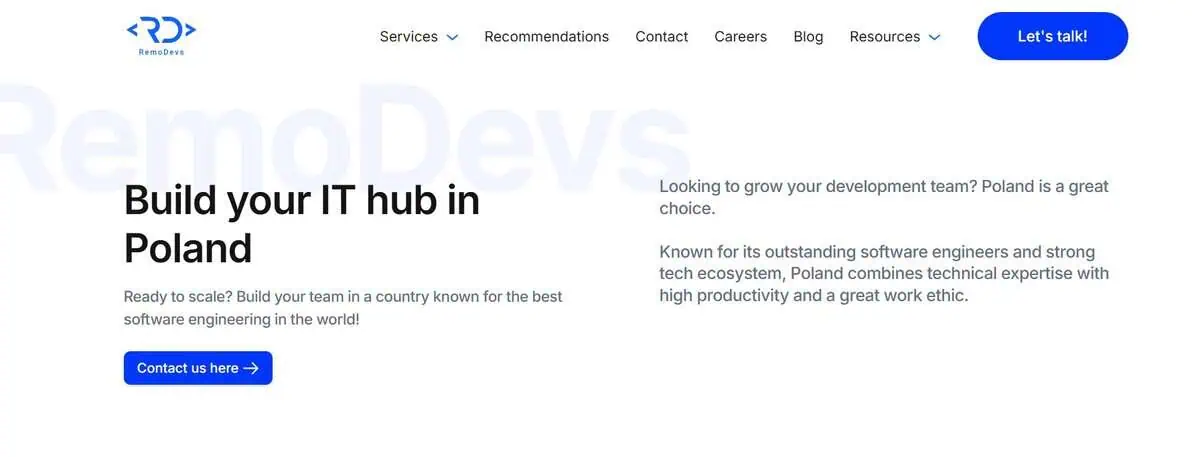 RemoDevs website header: Build your IT hub in Poland.