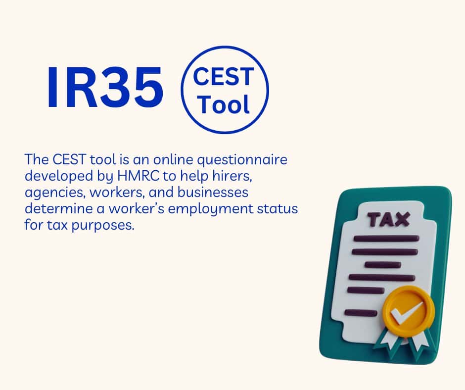 IR35 CEST Tool graphic illustrating an online questionnaire to determine employment status. testimonial