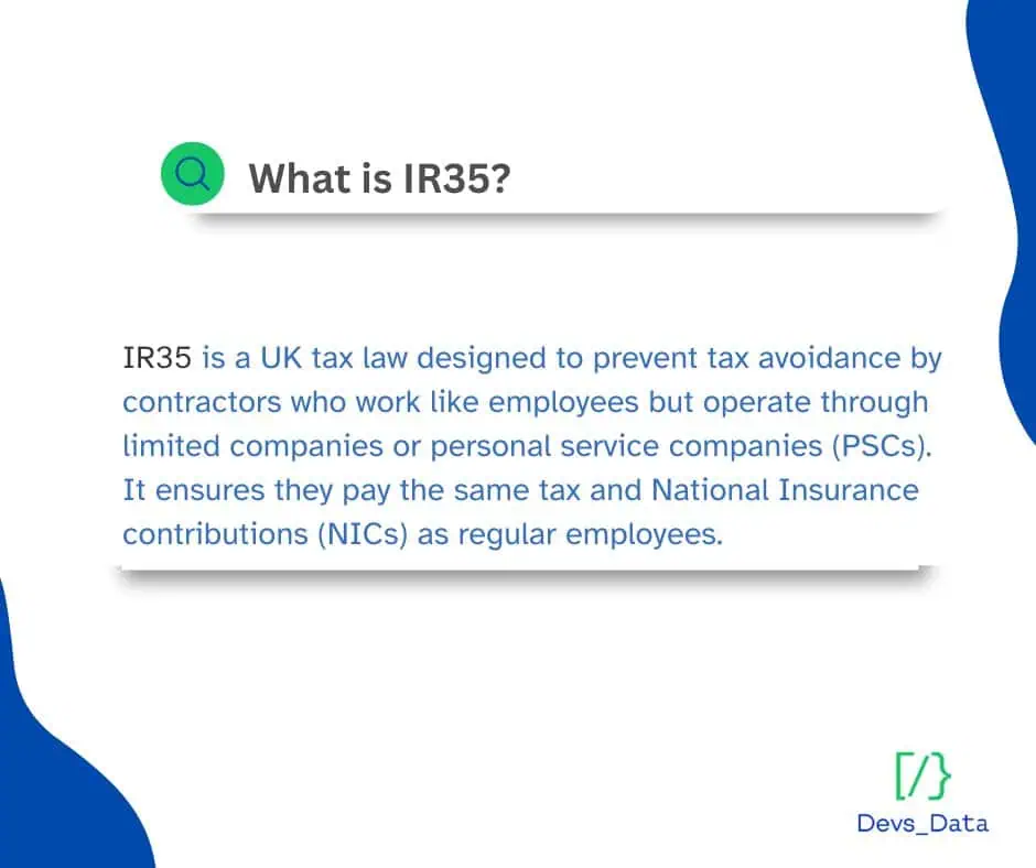 Infographic explaining What is IR35? as a UK tax law designed to prevent tax avoidance by contractors who work like employees.