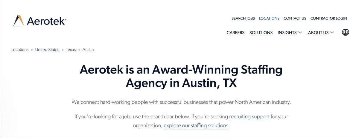 Aerotek website screen. testimonial