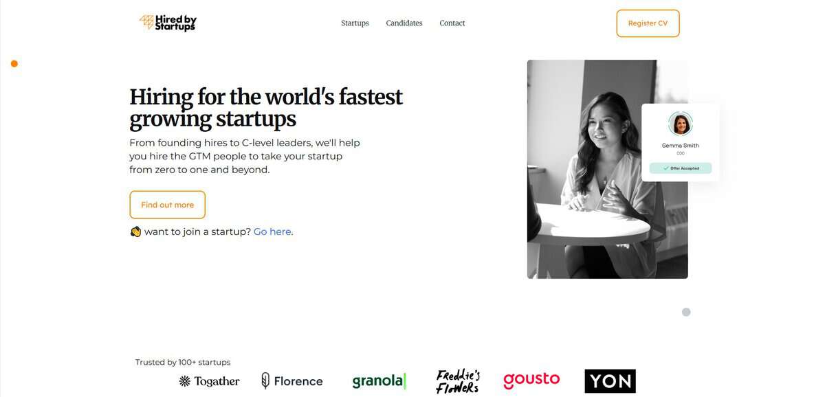 Hired by Startups Website. testimonial